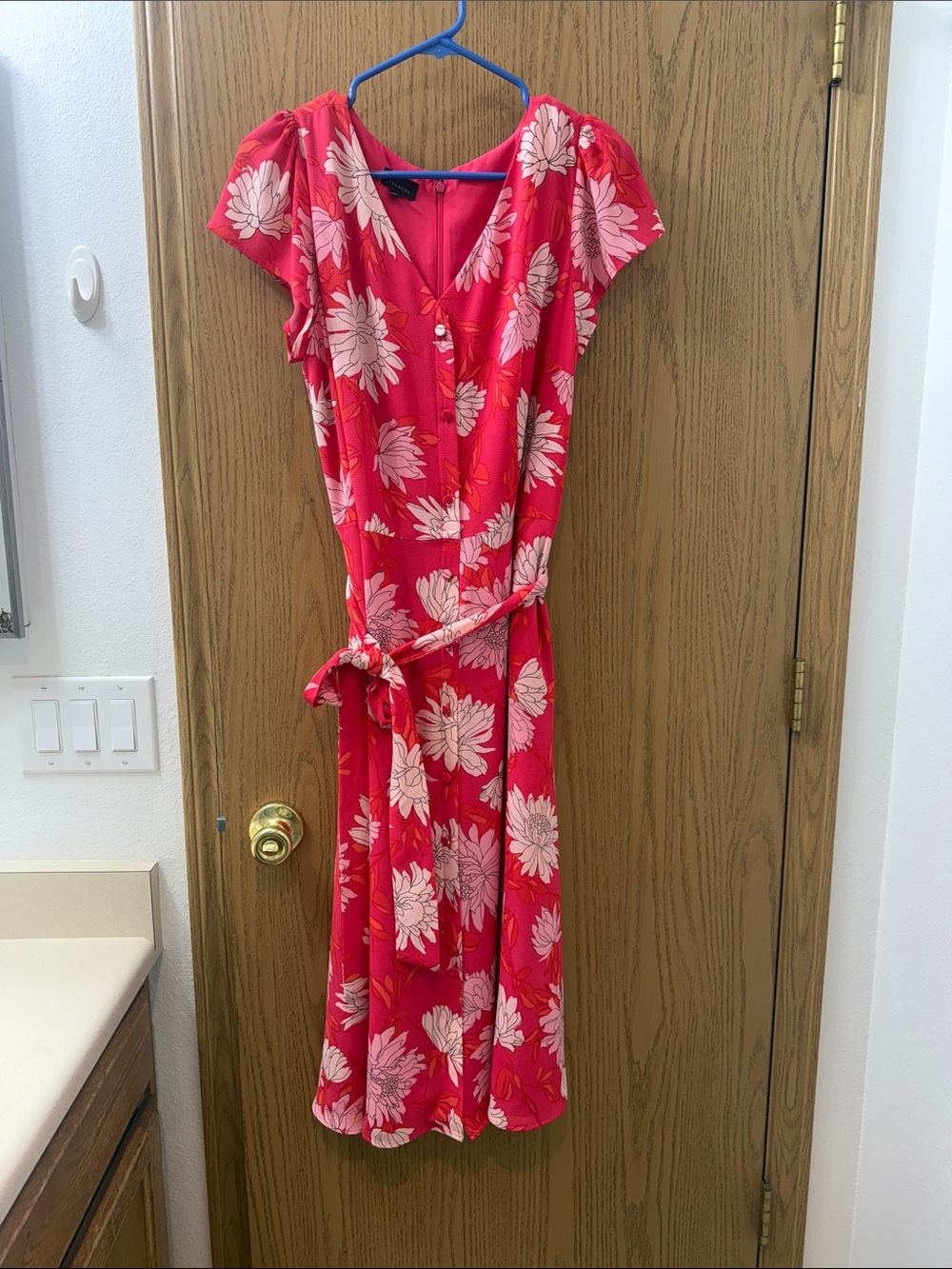 Talbots Red Floral Midi Dress with Pink Blossoms